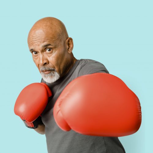 Senior man with red boxing gloves mockup Senior man with red boxing gloves mockup